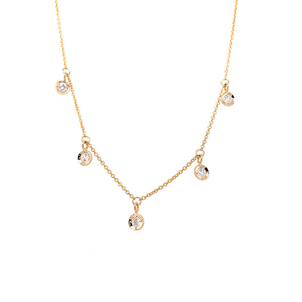 18K Yellow Gold Roberto Coin Diamond Drop Necklace Featuring Five Round Bezel Set Diamonds At A Total Weight Of .23CT