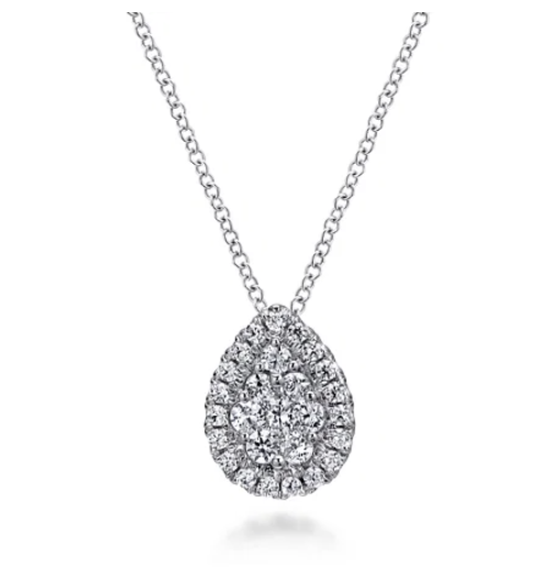 Gabriel & Co of NY Diamond Pendant- 14 Karat White Gold Pear Shaped Cluster Pendant With 0.59Tw Round Diamonds.