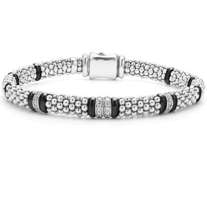 LAGOS Black Caviar  Four Station Diamond Caviar Bracelet | 6MM Featuring .20CT Round Diamonds