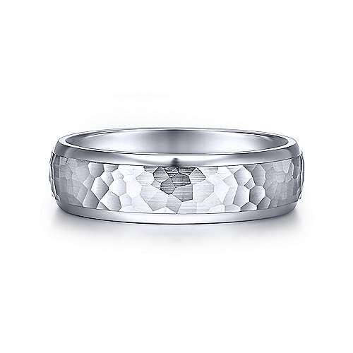 14K White Gold Gabriel & Co. Wedding Band Featuring Hammered Detail