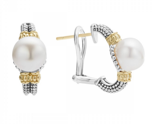 Sterling Silver LAGOS Caviar Omega Back Luna Pearl Earrings