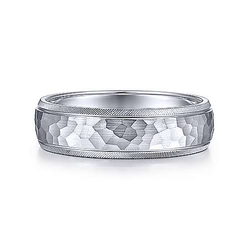 14K White Gold Gabriel & Co. Wedding Band Featuring Hammered Detail