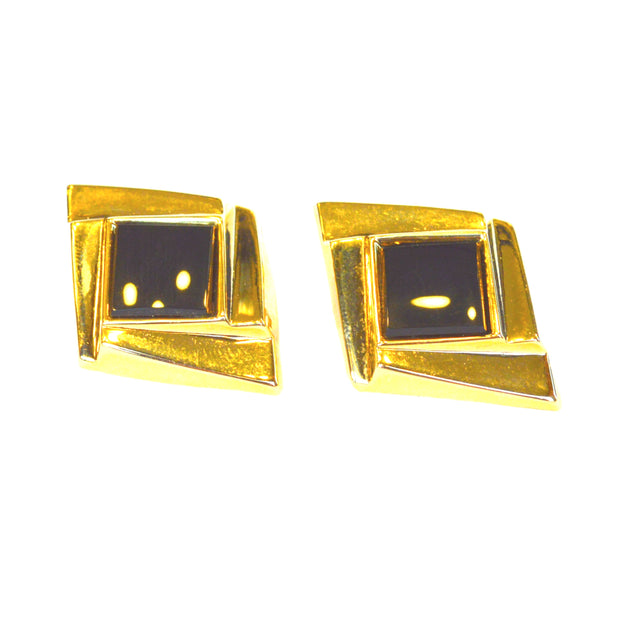 14K Yellow Gold Estate Abstract Earrings Featuring Onyx